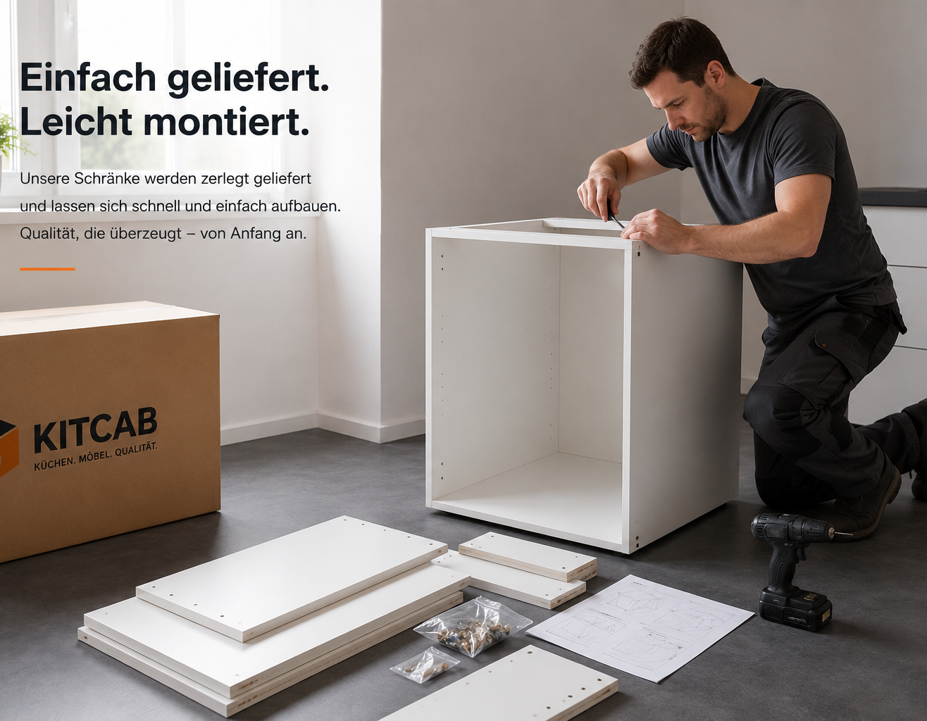 Eine Person montiert einen weißen Schrank in einer Werkstatt.